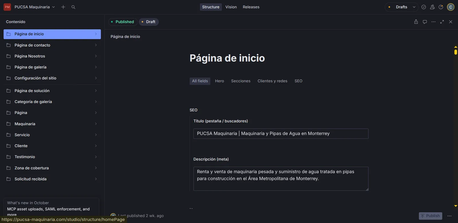Sitio con CMS y cotizador para PUCSA Maquinaria, captura 2